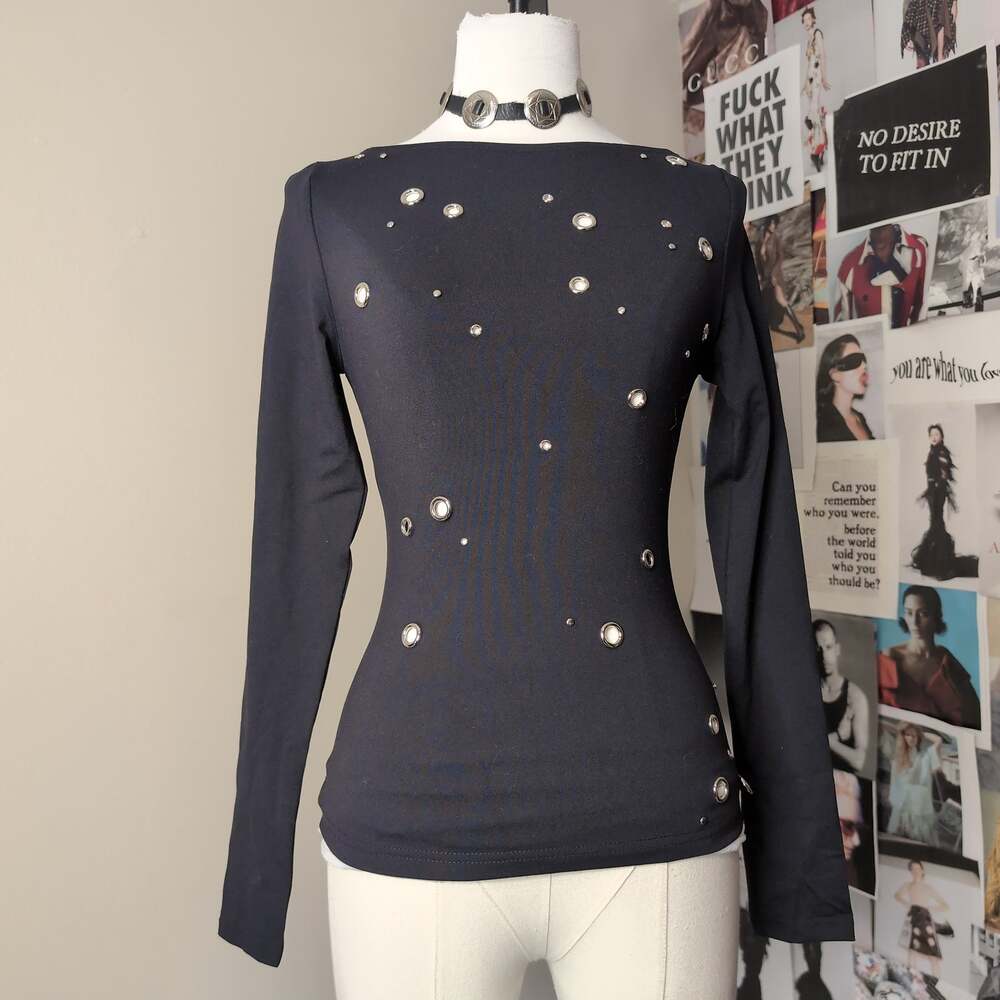 Grommet Embellished Long Sleeve Top